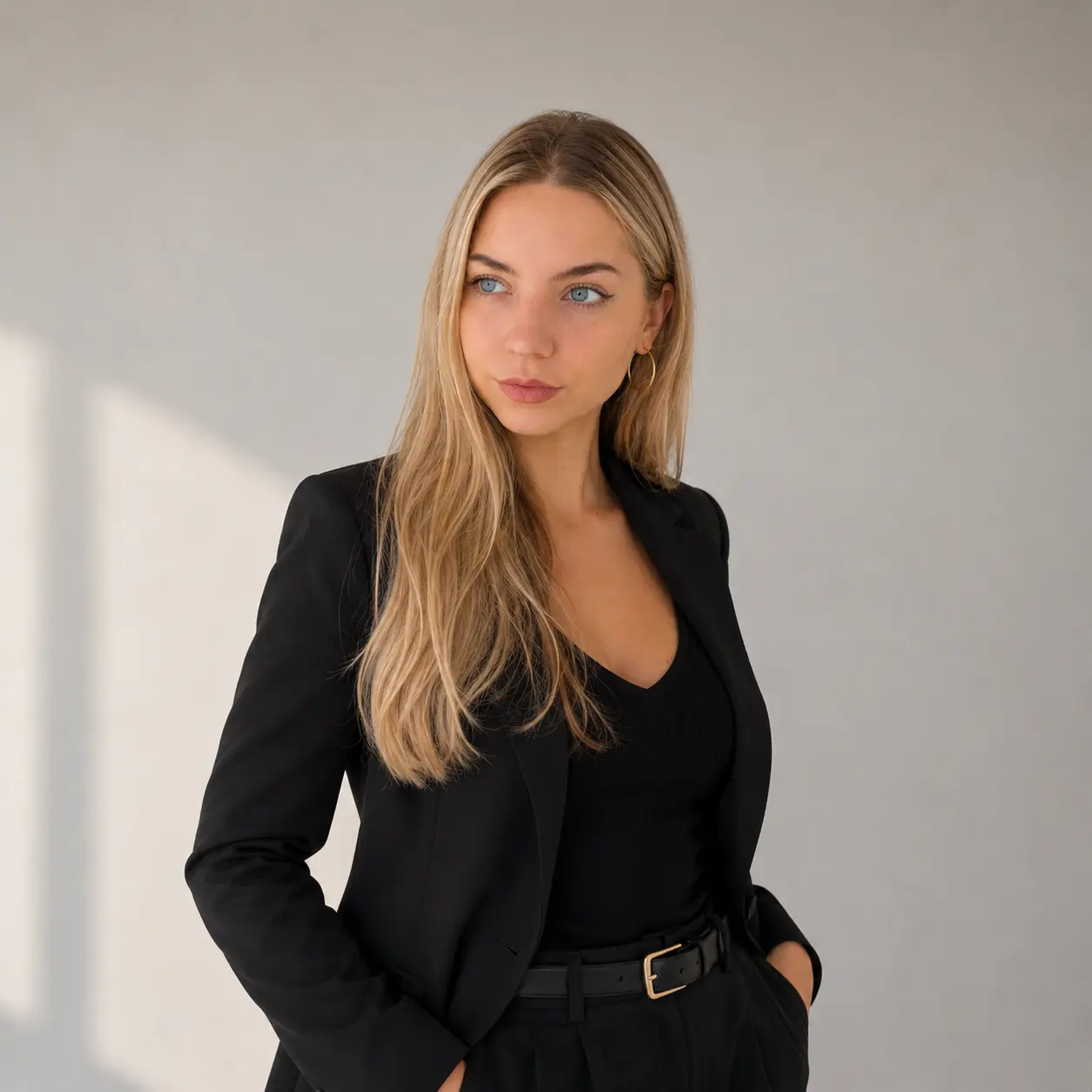 Veronika standing in a black blazer, hands in pockets