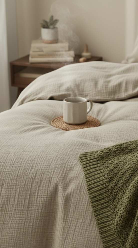 Nika Maison — linen bedding with morning coffee