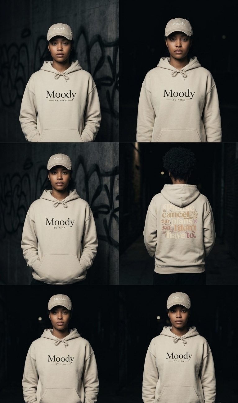 Moody by Nika — hoodie campaign contact sheet