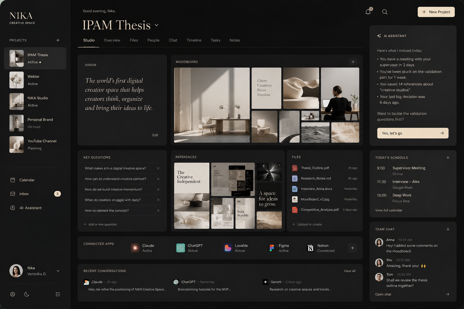 NIKA Creative Space — studio interface concept