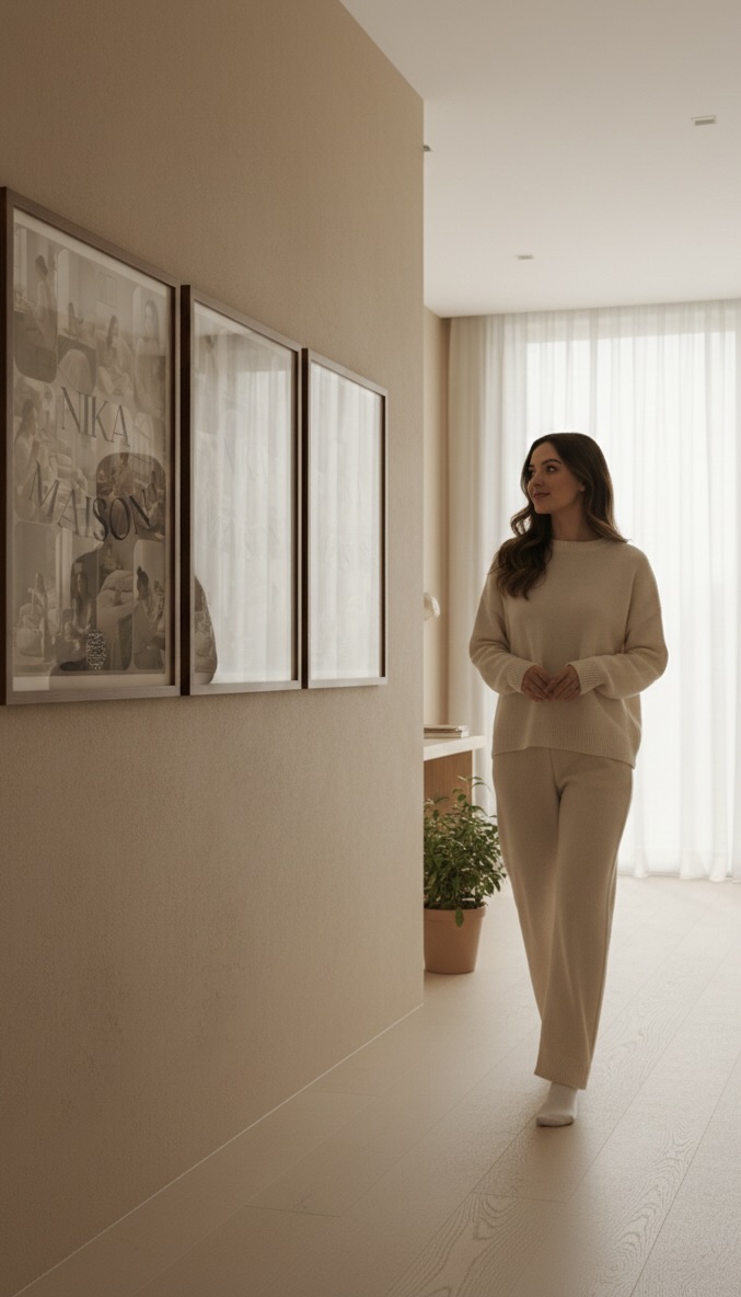 Nika Maison — poster series along a warm neutral hallway