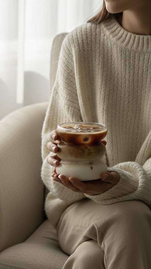 Nika Maison — knitwear and an iced coffee in soft light