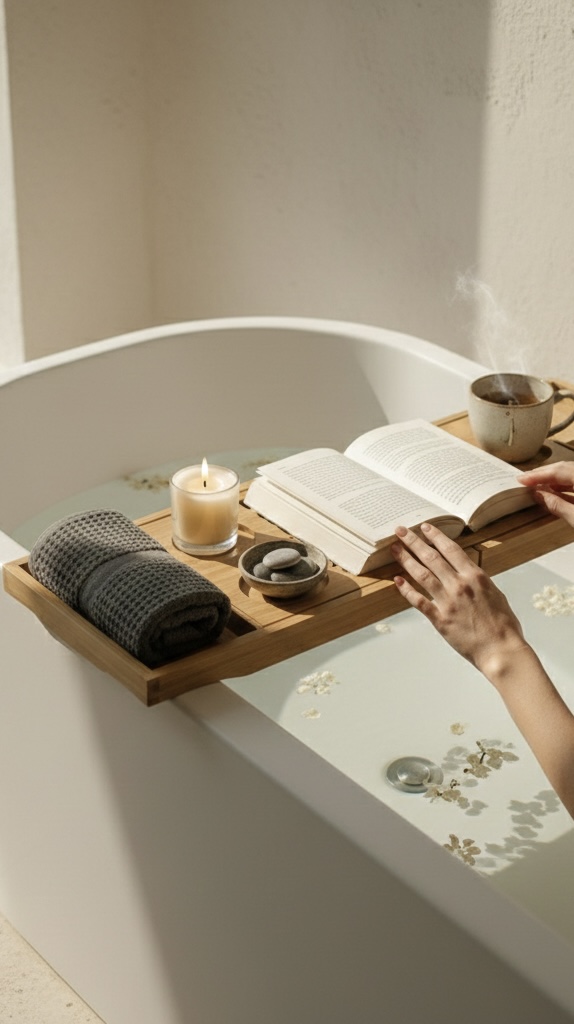 Nika Maison — slow bath ritual with book and candle