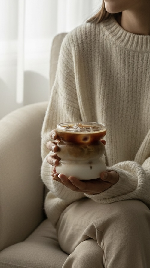 Nika Maison — knitwear and an iced coffee in soft light
