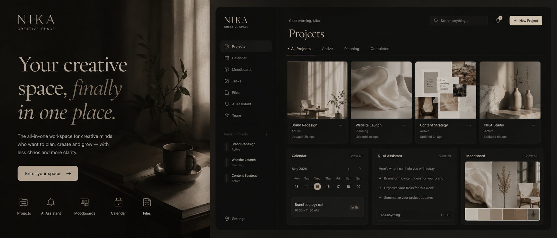 NIKA Creative Space — dark workspace interface